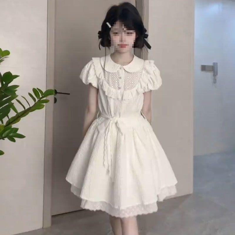 レディース ワンピース かわいい 初恋風 ホワイト ドールカラー プリンセス フレアスカート 夏用 学生向け 軽やか ギャザースカート フェミニン スタイル画像