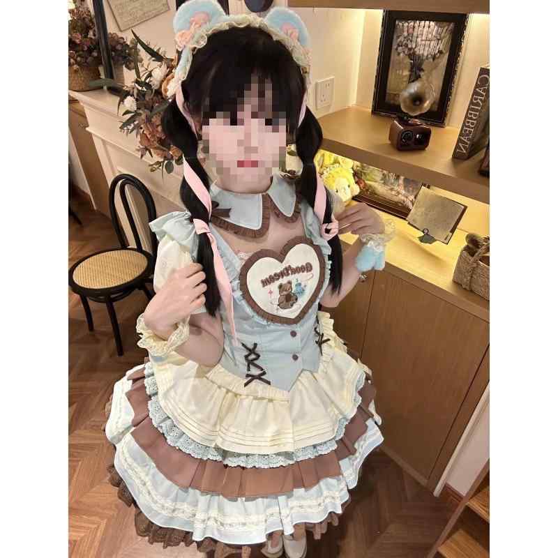 少女 ロリータ トップス スカート セット かわいい スイート コントラストカラー 切り替え フリル ウエストシェイプ ハイウエスト ふわふわ ボリューム プリンセス スカート キュート 甘美 スタイル
