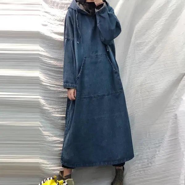 レディース 秋冬 森ガール風 ワンピース レトロ ゆったり ビッグサイズ デニム フード付き 長袖 カジュアル 普段使い ストリートスタイル