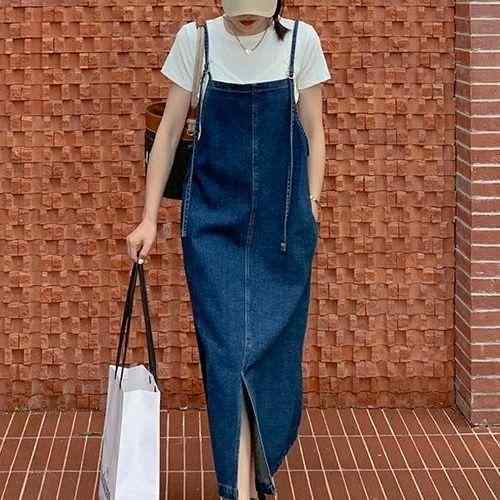 ワンピース レディース デニム キャミソール ロング ゆったり スリット 薄手 夏用 学生 カジュアル デニム素材 軽量 普段使い