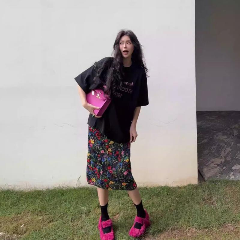 スカート レディース プリーツ ロング 小花柄 プリント スリット 痩せ見え 軽やか ファッション アイテム 普段使い