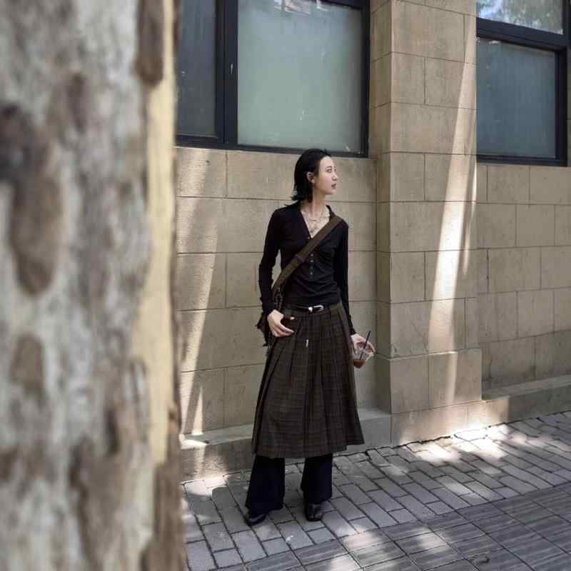 スカート レディース グリーン チェック柄 Aライン ミドルロング プリーツ 春秋 ストリート 日常使い 甘辛スタイル 重ね着対応 軽量 伸縮性x2