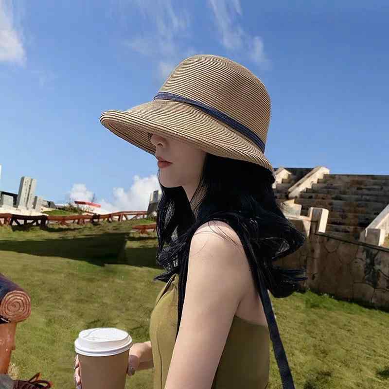 麦わら帽子 女性用 レトロ ビーチ UVカット 日よけ 顔覆い 夏用 フィッシャーマンスタイル 軽量 通気性 草素材x2