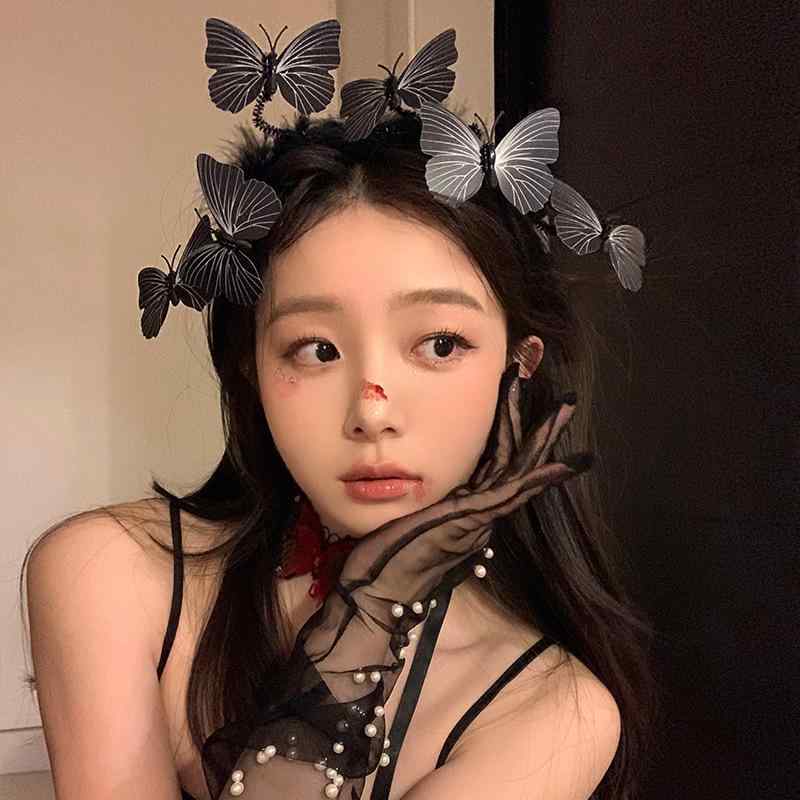 ヘアバンド ゴシック風 黒蝶 モチーフ コスプレ 装飾 ヘアアクセサリー ヘッドアクセ パーティー用 ヘアクリップ ヘアピンx2
