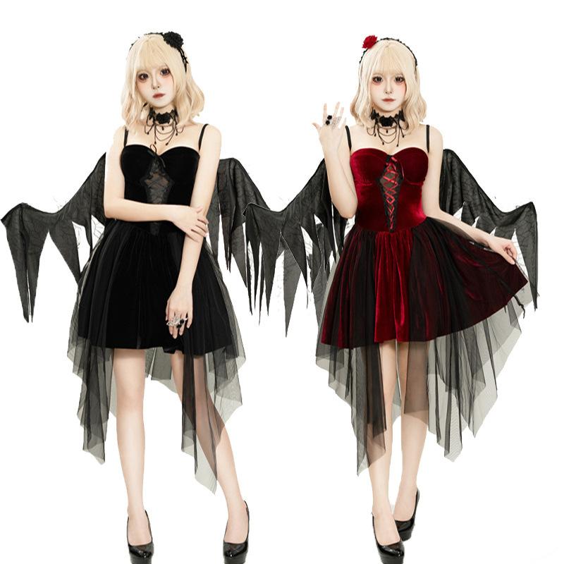 ハロウィン 大人用 ヴァンパイア ダークエンジェル コスプレ衣装 赤い悪魔 ゴシックスタイル セット パーティー仮装 イベント用 仮装衣装 ダークファンタジー