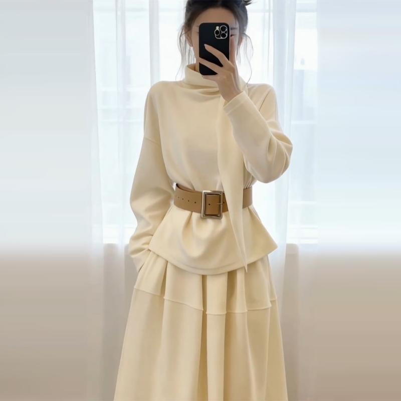 ワンピース レディース フレンチ 白 ハイネック 秋冬 かわいい スタイル セット コーディネート エレガント 暖か 普段使い