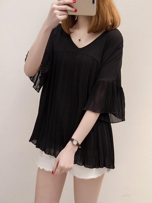 ブラウス 女性用 ぽっちゃり 夏用 無地 Vネック 七分袖 フリルエッジ 切り替え シフォン ゆったり 軽量 涼感 トップス 普段使い コーディネート自在x2