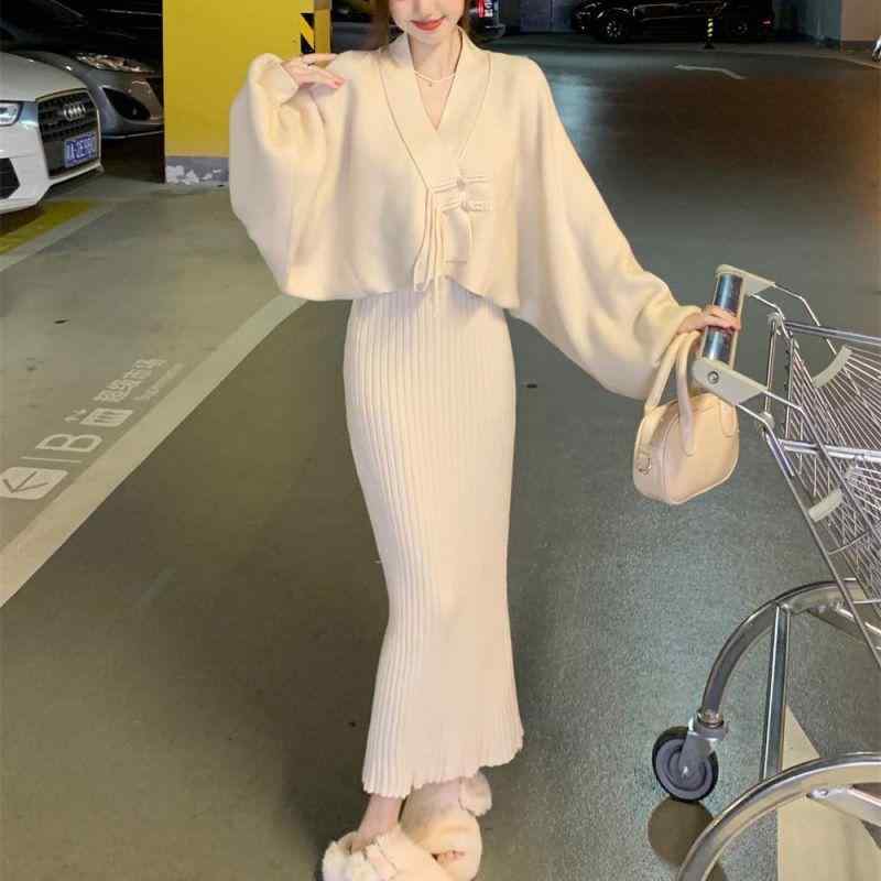 レディース 秋冬 甘辛ミックス 暖か ニット カーディガン アウター ヒップハグ ニット ストラップ ワンピース 柔らかい 伸縮素材 2点セットx2