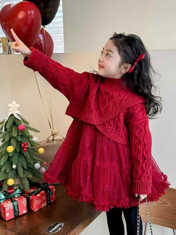 女の子 秋冬 ワンピース ハイネック セーター セット 赤 プリンセスドレス 暖か ニット 子供服 かわいい