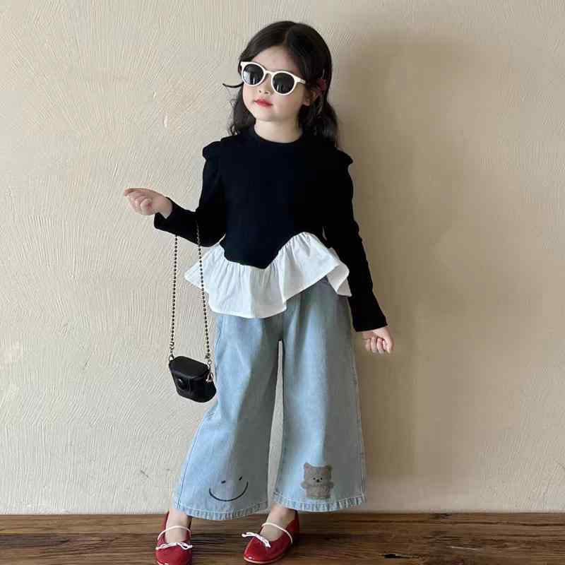 女の子用 韓国 秋 フリル トップス Tシャツ クマ柄 デニムパンツ セット 子供服 カジュアル 綿素材 伸縮性 かわいい 普段使いx3