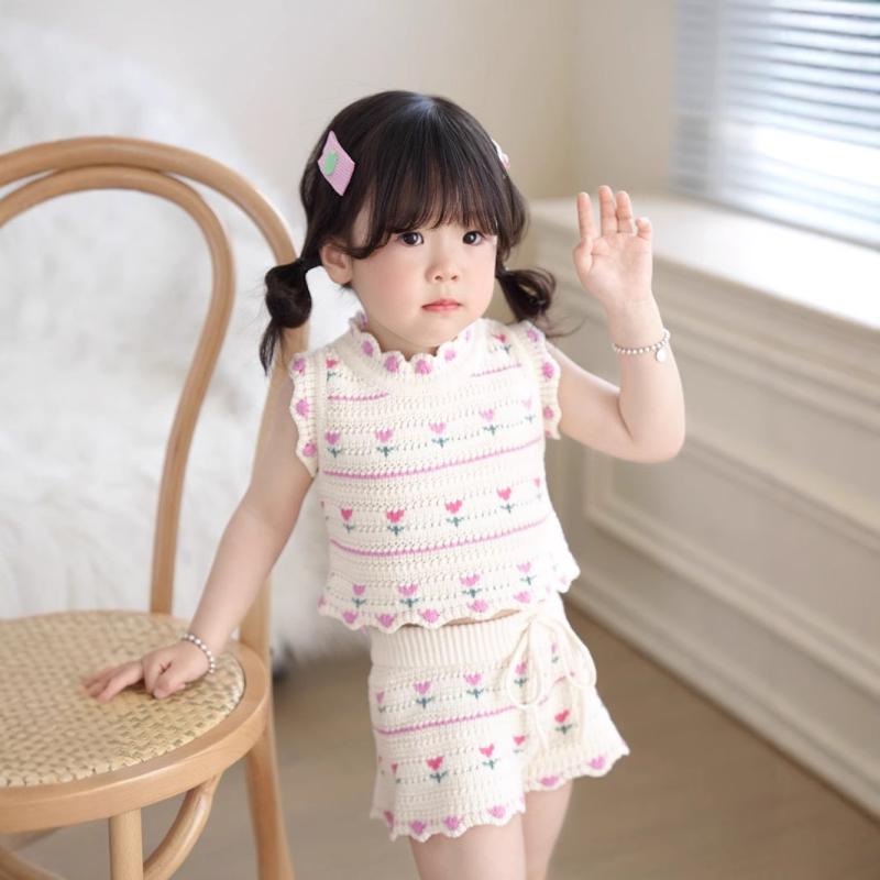 キッズ 春夏 刺しゅう スピード競技 チューリップ柄 キャミソール 編み物 より良い さる股引き 仕掛ける 愛くるしげ 赤ちゃん服 御姉さん トップス ボトムス 組みあわせ 軽さ 綿織物混 伸縮性x3