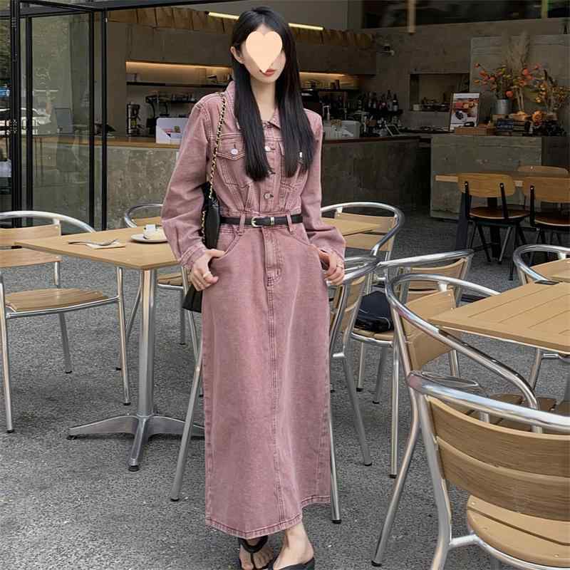 ワンピース レディース ビッグサイズ レトロ 長袖 デニム ハイウエスト スリム ミドル丈 スリット ゆったり ビッグシルエット カジュアル 普段使い