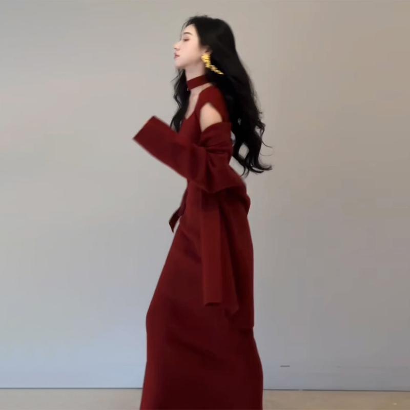 レディース ニット ツーピース ロングスカート セット フレンチ レトロ 赤 高級感 エレガント 春秋 伸縮性 普段使い