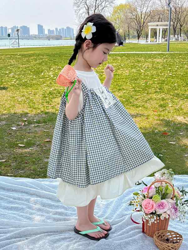 女の子 夏服 チェック柄 レース 吊り帯スカート 2点セット 子供服 かわいい 普段使い 軽やか 綿素材 ピンク系 アイボリー ビッグシルエット 通学 遊び着
