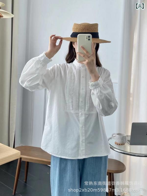 シャツ レディース 長袖 刺繍 フリル スタンドカラー コットン トップス かわいい 個性派 カジュアル ソフトガーリー 軽量 通気性 日常使いx2