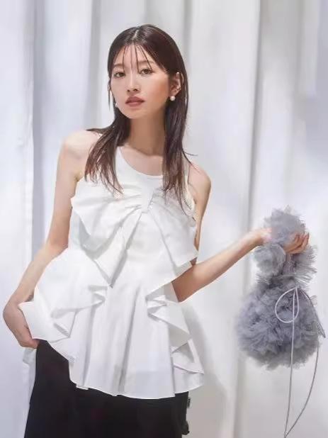 レディース 春夏 フラウンス シュロの葉 スコート裾 吊り帯 トップ トップス プルオーバー 愛くるしげ お上さん用 口さかしい  日常使い走り 冷やりとした 影ぼうし
