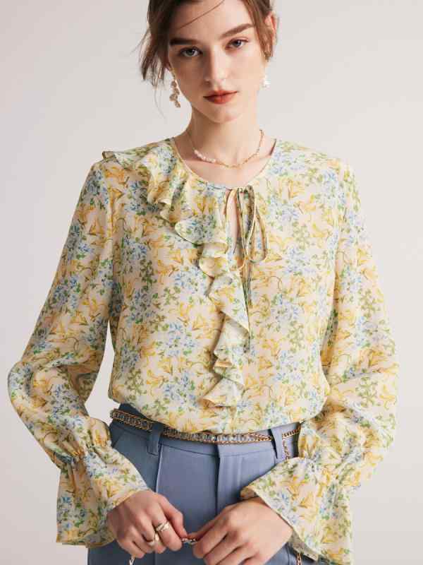 ブラウス レディース 真絹 長袖 春夏 フレンチスタイル ロマンティック 花柄 プリント ダブルクレープ フリルエッジ ウエスト紐付き プルオーバー 高級感 素材