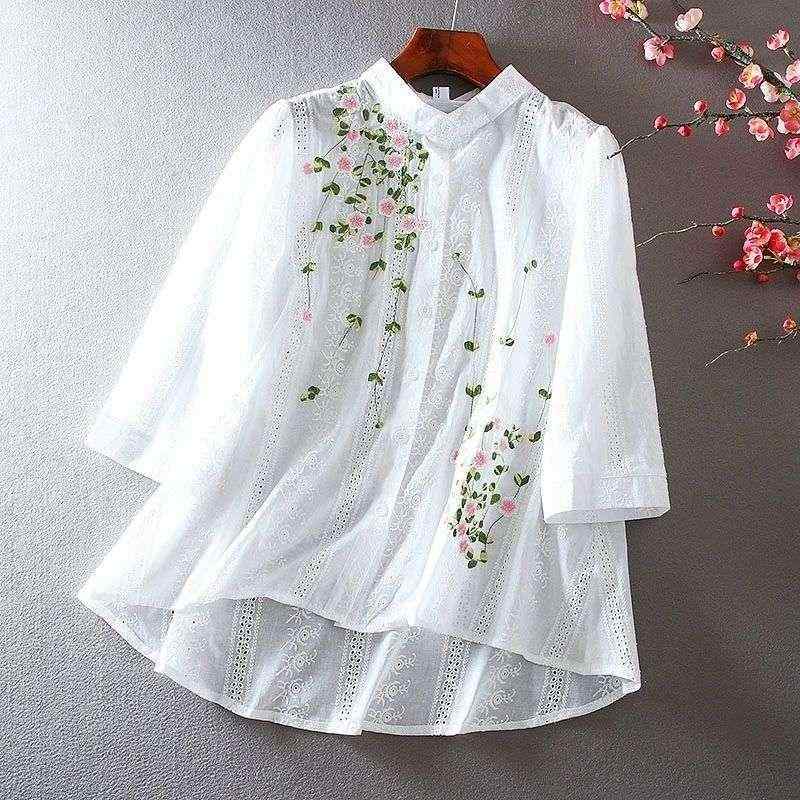 シャツ レディース 夏 中国風 レース 刺繍 ゆったり スリム フリル かわいい 爽やか アート風 カジュアル スタイル トップス ブラウス 通気性 軽量
