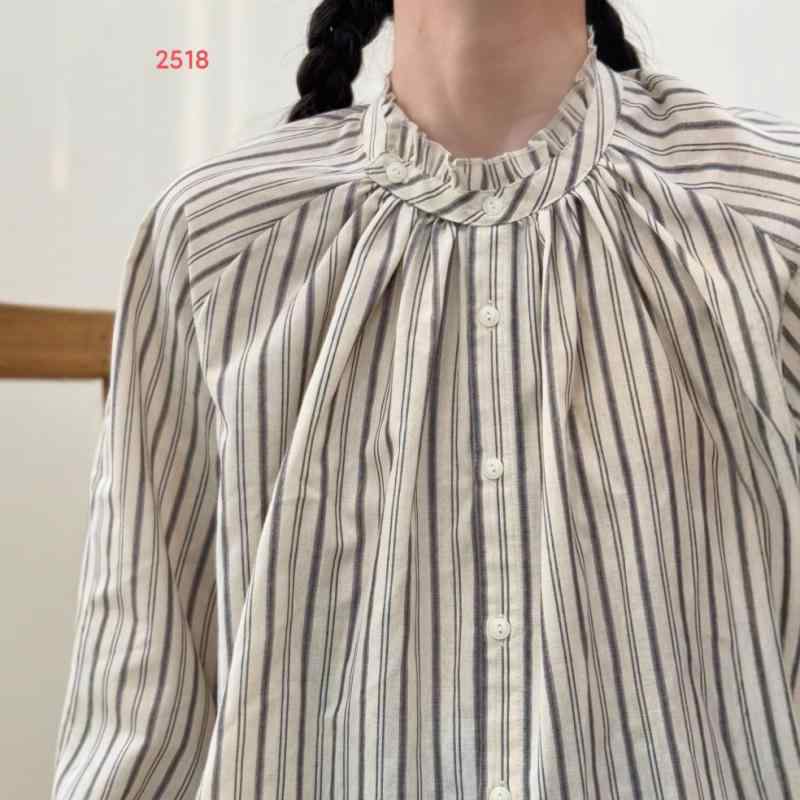 レディース 春 ブラウス 韓国 ストライプ スタンドカラー フリル フィット 合わせやすい 個性派 トップス 軽やか コットン混 春夏 デイリー スタイリッシュx2