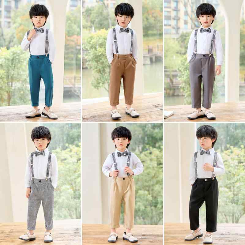 男の子用 サスペンダーパンツ セット 春夏 演出服 結婚式 花婿子供服 ベビー ウェディングスーツ スタイリッシュ キッズ パフォーマンス 合唱 司会 通学 フォーマル 軽量 綿素材 ハイネック ビッグシルエット