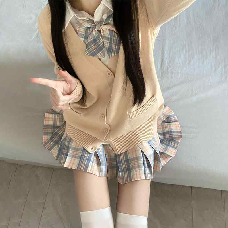 レディース 秋冬 女子高生風 制服 3点セット プリーツスカート ニットセーター カーディガン 日系学院スタイル 学生服 通学用 暖か｜みやショップ店