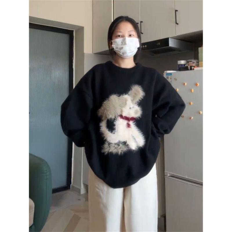 ニットセーター 女子学生用 冬 ブラック クルーネック ふわふわ 小犬ジャカード柄 学院風 かわいい 暖か 伸縮性 吸湿速乾 日常使い