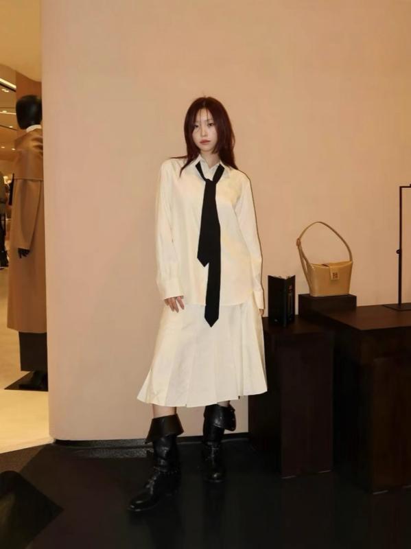 レディース シャツ スカート セット 春夏 アイボリー リボン 付き ゆったり シルエット プリーツ スカート 韓国 トップス ボトムス コーディネート 軽やか スタイル