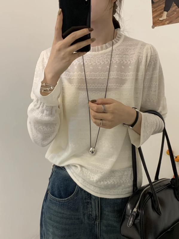 ブラウス レディース 長袖 レース クロシェ ゆったり フィット ウェーブ フリル 高級感 かわいい インナー トップス レイヤード スタイル カジュアル 軽やか