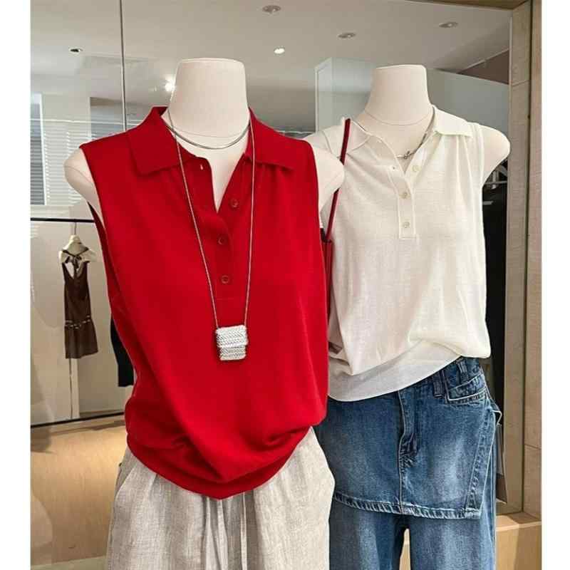 レディース 夏 ノースリーブ 編み物 トップス 赤 ポロ襟 薄っぺら ゆったり フレンチ表現スタイル 御前上等感 心地よい 軽さ 伸縮性 吸湿速乾 通気性