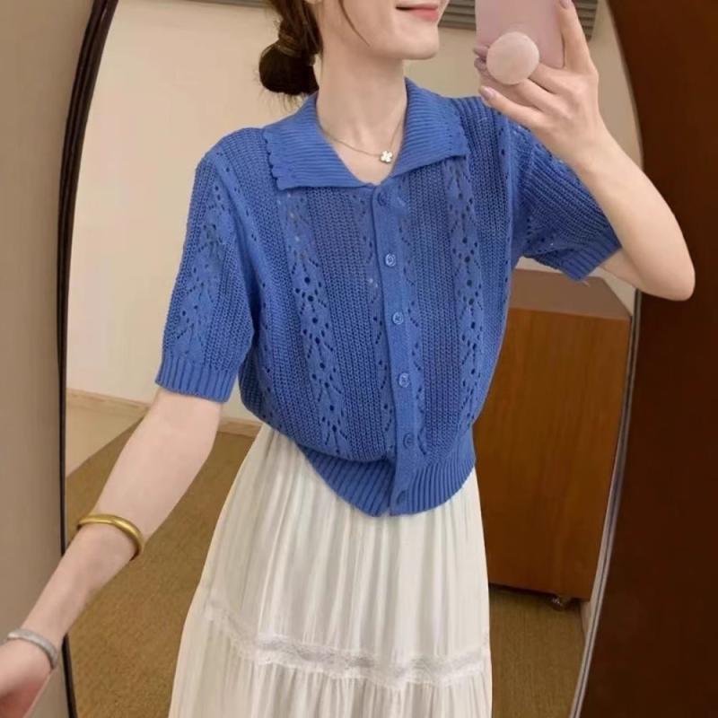 レディース 夏用 ポロシャツ 接触冷感 ニット 短袖 ショート丈 レギュラーショルダー フレンチスタイル ブルー かわいい カジュアル 軽量 吸湿速乾 伸縮性 トップス