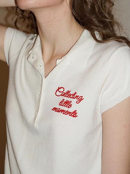 レディース 夏 短袖 ポロ襟 ニット ヘンリーシャツ 刺繍 コントラストカラー フレンチスタイル トップス 軽量 伸縮性 吸湿速乾 再生繊維 かわいい 普段使い
