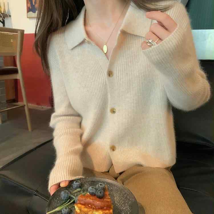 ニットカーディガン レディース ポロカラー 羊毛 カシミヤ混 フィット 細見え アウター 暖か 柔らかい ニットトップス 羊毛素材 ゆったりシルエット