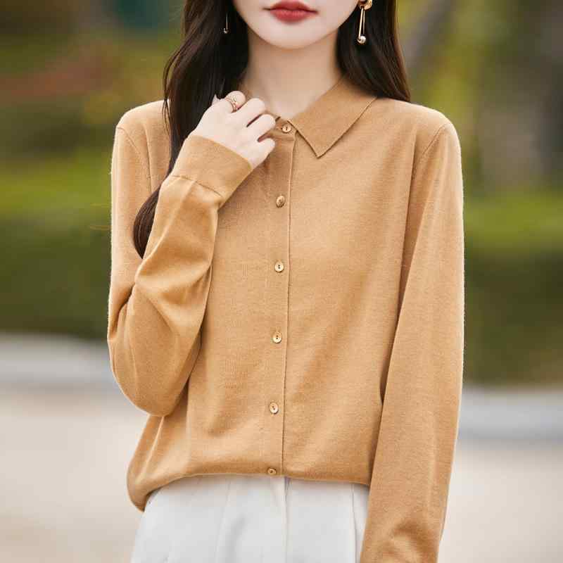 カーディガン 女性用 ニット 羊毛 薄手 春秋 ゆったり スリムシルエット ポロ襟 レイヤード アウター 軽量 伸縮性 普段使い 通勤
