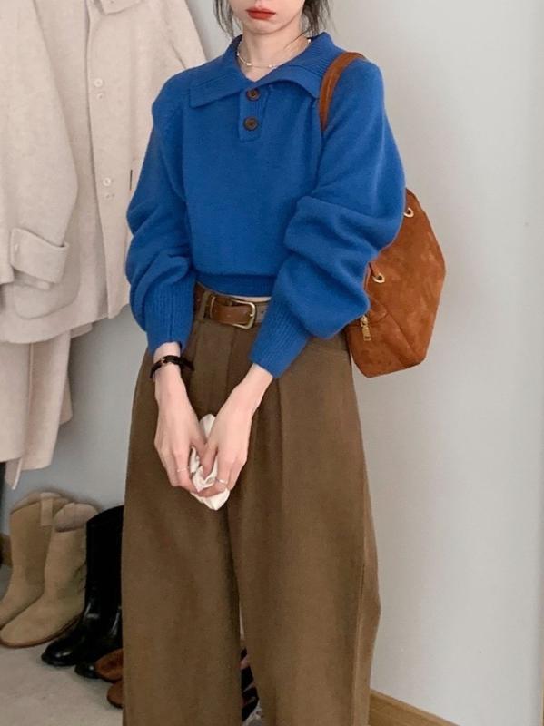 ニットセーター 女性用 秋冬 羊毛 長袖 ポロカラ プルオーバー オーバーサイズ ソフト素材 暖か 伸縮性 カジュアル 通勤 普段使い レイヤード ブルー トップス リラックススタイル