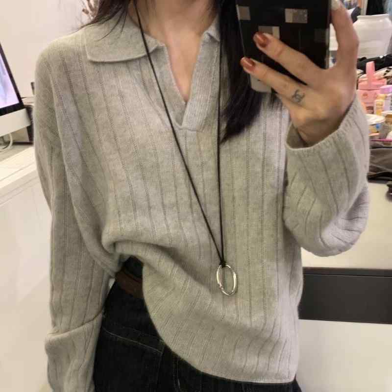 ニットセーター 女性用 秋冬 レトロ ポロカラー ウール 無地 プルオーバー 長袖 スリムシルエット ケーブル編み 高級感 暖か 柔らか素材｜みやショップ店