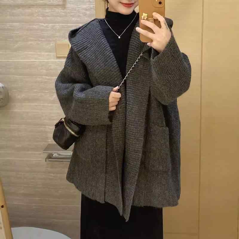 レディース ニットカーディガン ゆったりシルエット フード付き 厚手 ポケット 大きめサイズ 韓国 性 個性的 セーター アウター 暖か素材 日常使い 軽量 伸縮性