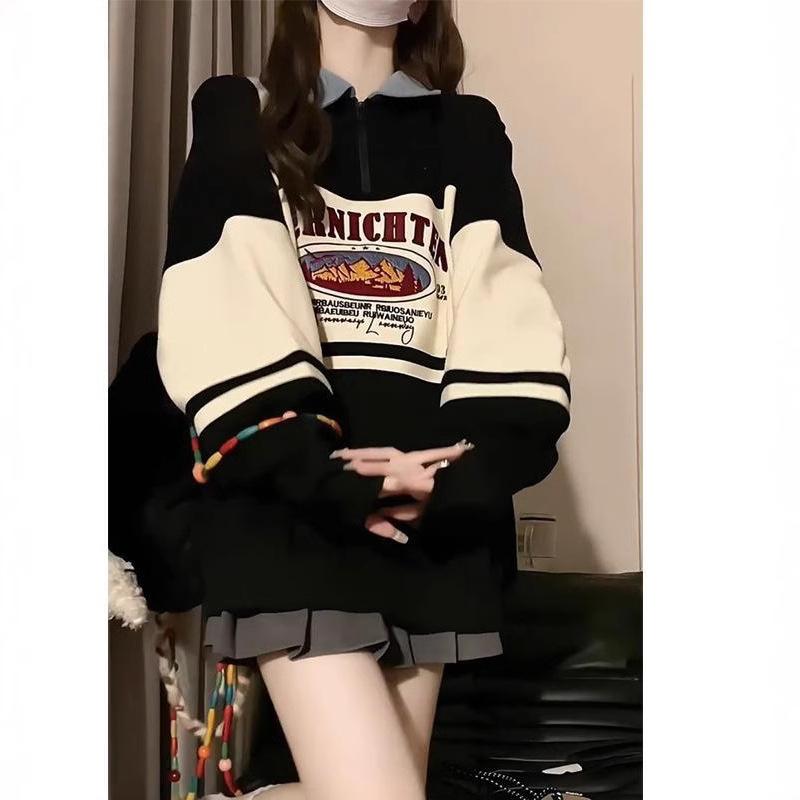 レディース 秋 パーカー ゆったり ハーフジップ ポロカラー 切り替え色 スウェット トップス アウター アメリカンスタイル フィット リラックス 普段使い 伸縮性x2|みやショップ店