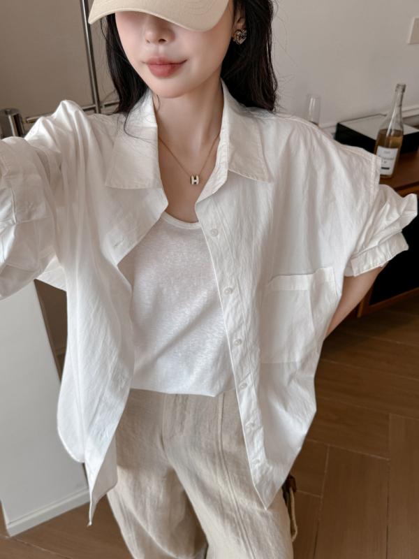 シャツ レディース 長袖 UVカット コットン100% 砂洗い加工 白 春夏 高級感 柔らかい トップス ファッション 軽量 吸湿速乾 通勤用 普段使いx2