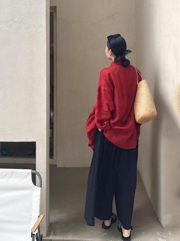 シャツ レディース 長袖 折り襟 赤 薄手 軽量 接触冷感 麻素材 夏用 ゆったりシルエット 上品 トップス カジュアル アウトドア