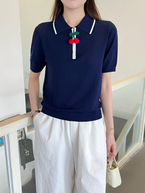 ポロシャツ レディース 夏 短袖 ニット トップス ジッパー 襟 チェリー チェーン 装飾 スタイリッシュ モード カジュアル 普段使い 伸縮性 軽量 綿混 ブラック ピンク系