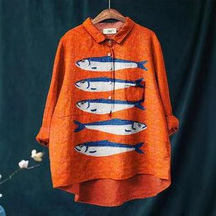 秋 レディース 長袖 シャツ 折り襟 ビッグサイズ 海洋魚柄 プリント トップス カジュアル 軽量 素材 伸縮性 吸湿速乾