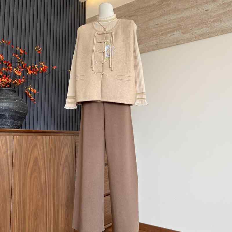 ママ服 ミセス レディース 春秋 ニット トップス ベスト インナーパンツ 3点セット 中国風 上品 エレガント 日常使い 伸縮性 素材 暖か レイヤード スタイル カジュアル ファッション