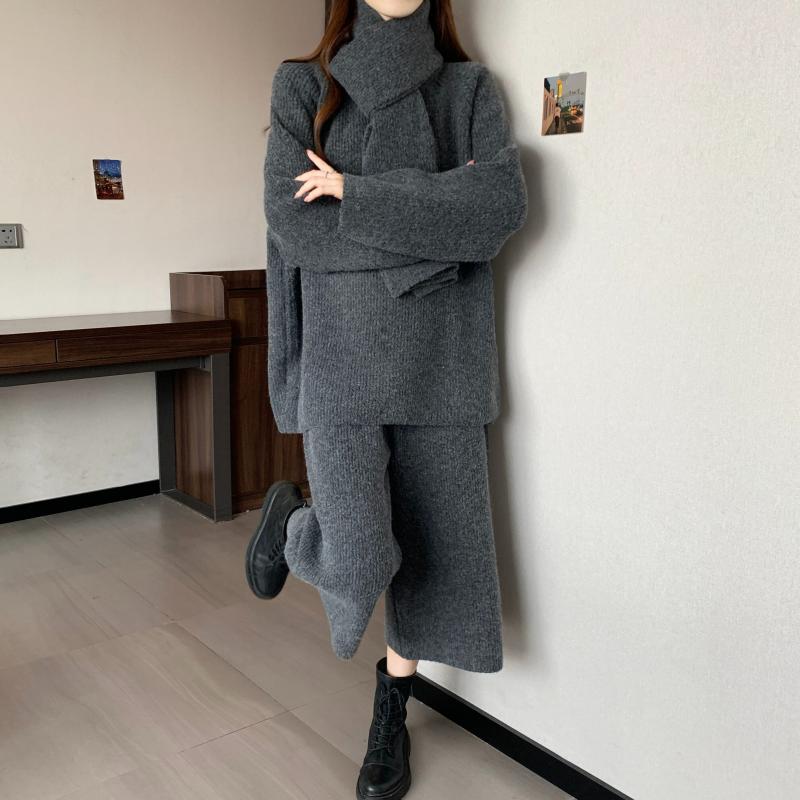 秋冬 レディース 厚手 ニットセーター ワイドレッグパンツ セット ゆったり フィット スリム効果 大きめサイズ ぽっちゃり対応 カジュアル 日常使い 暖かみ リラックススタイル|みやショップ店