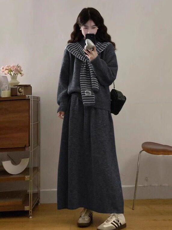 秋 気が大きい大きさ レディース 韓国 縞模様 肩かけ 付き添い人 薄墨色 編み物 スウェーター スコート 2点仕掛ける トップス 座標 パステル色の原料品 普段使い