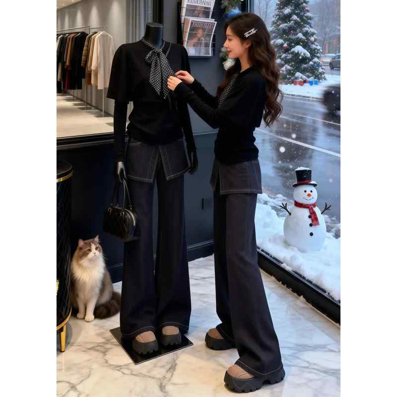レディース ニットトップス ワイドパンツ 2点セット 春 コーディネート カジュアル 伸縮性 軽量 フェイクツーピース 女性用 普段使い