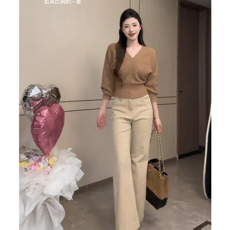 レディース 秋 Vのど首 編み物 トップス か細い ロングズボン下 セットアップ 韓国 人懐っこい影ぼうし 表現スタイル引きあげる 普段使い走り 合わせ分かりやすい 伸縮性 軽さ パステル色の原料品