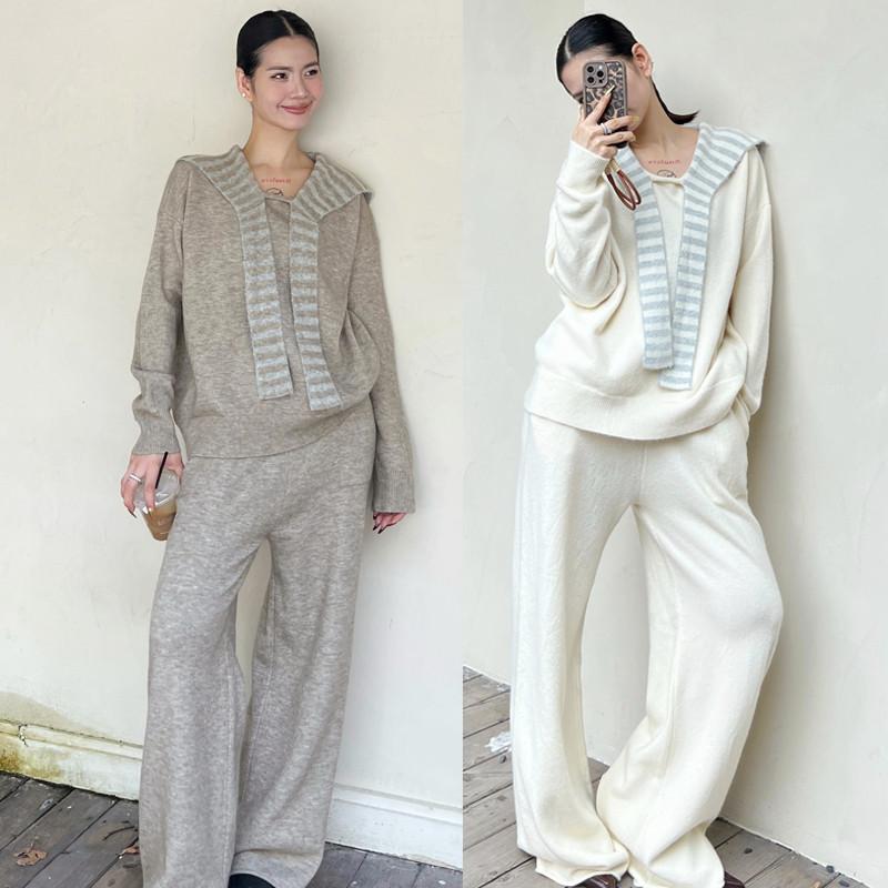 レディース 秋冬 カシミヤ ニット セットアップ セーラーカラー セーター ワイドレッグ パンツ カジュアル 2点セット 柔らかい素材 ゆったりシルエット 日常使い 暖かみ コットン混｜みやショップ店