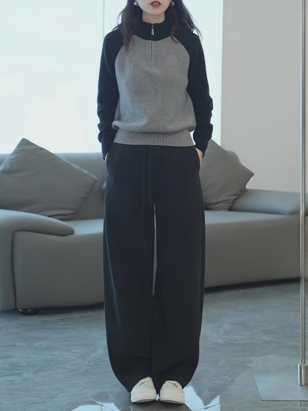 ニット トップス レディース 秋冬 スタンドカラー 切り替え セーター ワイド パンツ セット 高級感 コーディネート 柔らかい 素材 ゆったり シルエット 普段使い