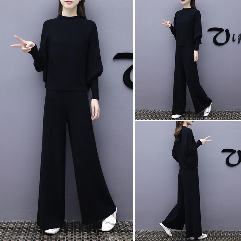 秋冬 レディース 編み物 セットアップ 黒いこと ゆったり ワイドレッグパンツ か細い成り行き ビッグ大きさ 心地よい 日常使い走り 編み込み 表現スタイル引きあげる