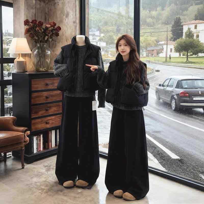 レディース 秋冬 高級感 綿 ニット セットアップ グレー ベスト ワイドパンツ 3点 組み合わせ ゆったり シルエット 暖か素材 カジュアル スタイル 日常使い